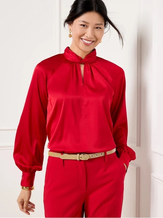Talbots Tops - Talbots Red Keyhole Mock-Neck Blouse